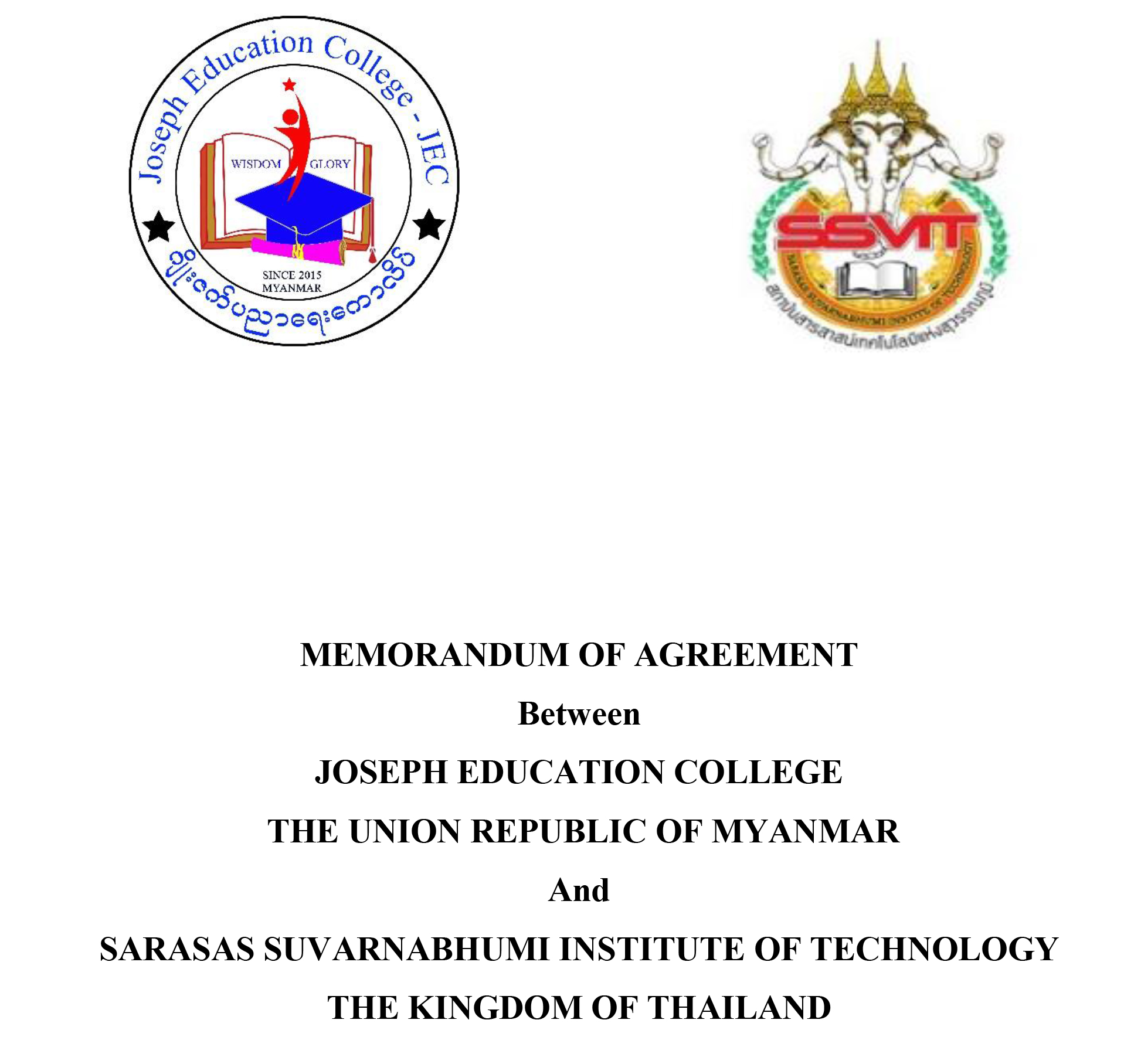 SARASAS SUVARNABHUMI INSTITUTE OF TECHNOLOGY and Joseph Education College MoU